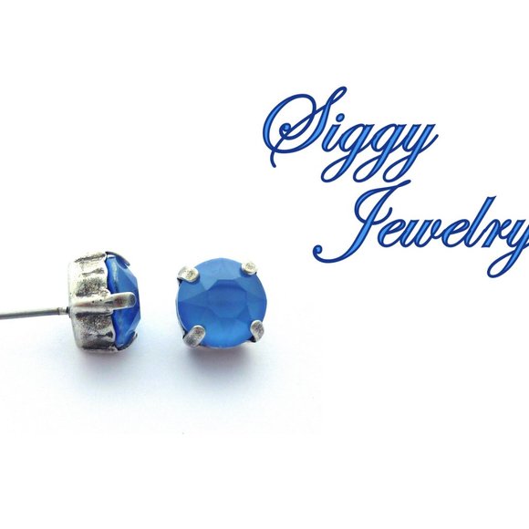 Summer Blue 8mm Crystal Stud Post Earrings, Assorted Finishes, Gift Packaged - Picture 3 of 6
